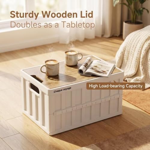 2 Pack White 50L Collapsible Storage Crate Wooden Lid Stackable Bin for Garage RV Car - Image 4
