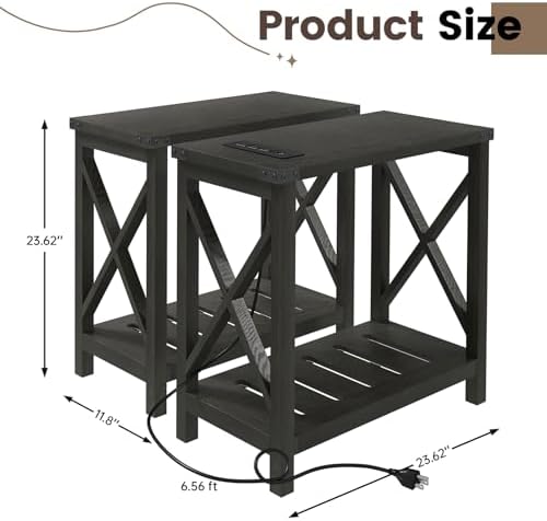 Hadulcet Farmhouse End Tables Living Room Set of 2 - Narrow Side Table with Charging Station, Slim Nightstand for Small Space, Skinny Bedside Table, Sofa Side Table with Storage Shelf, Black - Image 3