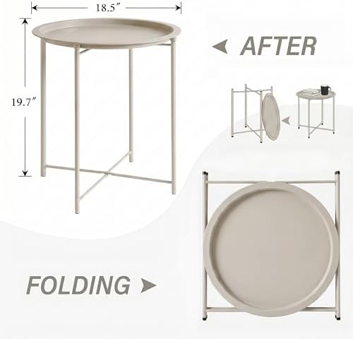 VECELO Side/End Table, Folding Round Metal Anti-Rust and Waterproof Outdoor or Indoor Tray for Living Room Bedroom Balcony and Office, 2 PCS, Grey - Image 3