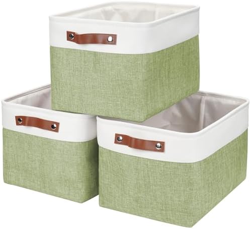 Bagnizer Storage Bins Large Fabric Storage Baskets for Shelves 3 Pack, Decorative Linen Closet Baskets with Handles for Organizing, Shelf, Clothes, Home, Office, 15x11x9.5Inches (Green&White) by Bagnizer