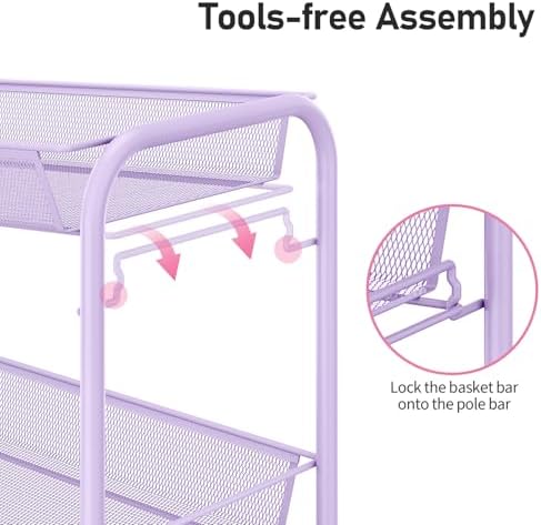 TOOLF 3 Tier Rolling Cart, Metal Utility Storage Cart with Wheels, Purple | 3 Hooks, Screwless Assembly, Trolley Organizer for Bathroom, Kitchen, Office, Nursery, Dorm, Laundry Room - Image 4