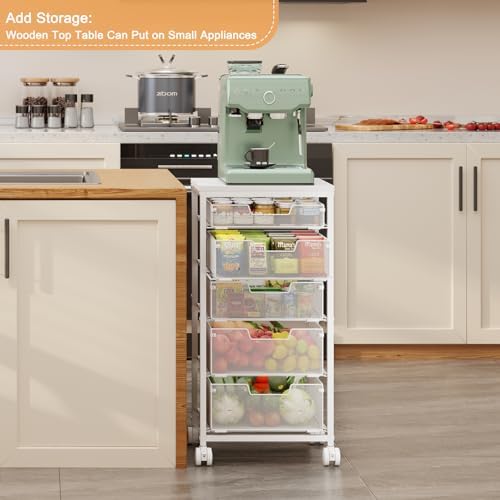 Kitchen Storage Cart with Wheels, 5-Tier Fruit Vegetable Storage Cart, Kitchen Organizer and Storage Cart with Drawers, Wooden Top Metal Wire Pantry Storage Cart for Fruit Snack Onion Potato, White - Image 6