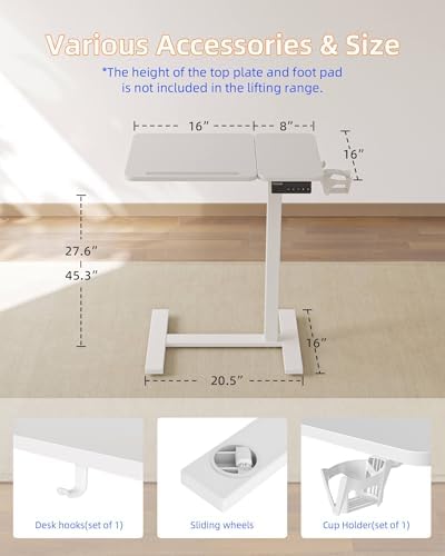 YIHAYO 24 x 16 Inches Electric Adjustable Overbed Bedside Table, White - Image 7