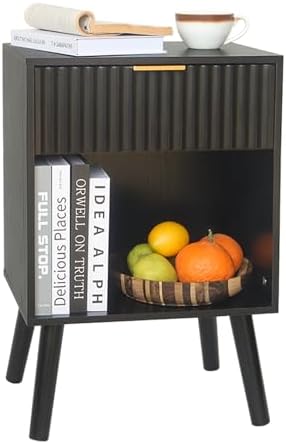 Fultyle Black Fluted Nightstand, Modern Bedside Table with Drawer and Shelf by Fultyle