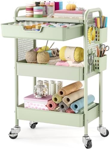 KINGBOARD 3 Tier Metal Rolling Cart with Drawer, Green Utility Storage Cart | 2 Cups & 4 Hooks, Lockable Wheels, Trolley Organizer for Bathroom, Kitchen, Office, Nursery, Dorm, Laundry, Craft Room by KINGBOARD