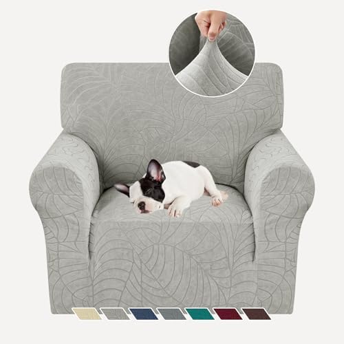YEMYHOM Couch Cover Latest Jacquard Design High Stretch Sofa Chair Covers for Living Room, Pet Dog Cat Proof Armchair Slipcover Non Slip Elastic Furniture Protector (Small, Begonia Leaf Light Gray) by YEMYHOM