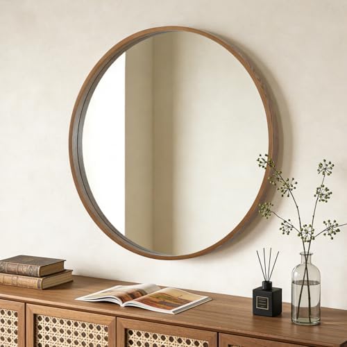 WallBeyond Round Wood Mirror, 36" Round Modern Decoration Large Circle Wall Mirror for Bathroom Living Room Bedroom Entryway, Walnut - Image 4