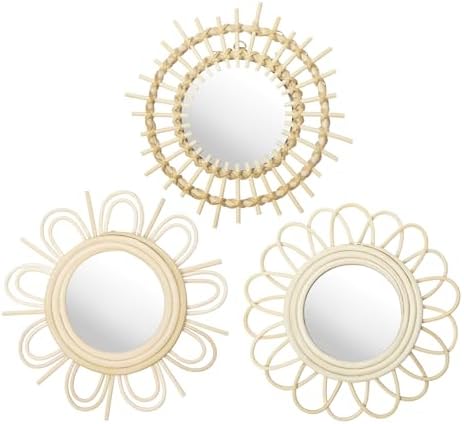 Briful Beige Wall Mirrors Decor Set of 3 Wooden Round Wall Mirrors Wall-Mounted Sunburst Mirrors Hanging Wall Art for Living Room Home Indoor Bedroom Decor by Briful