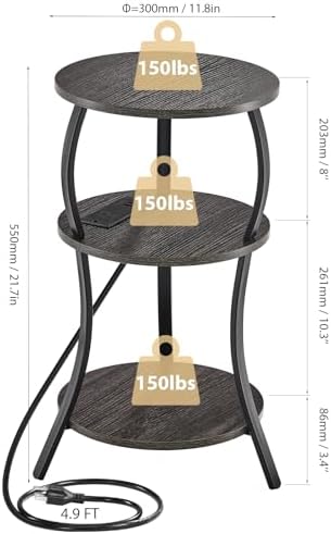 YEAKOO Small Side Table with Charging Station,3-Tier Round end Table - Image 3