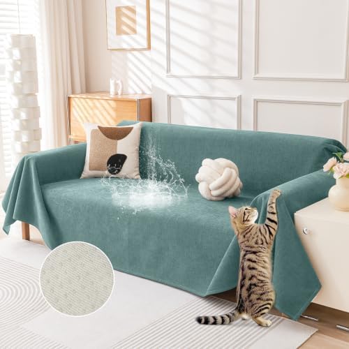 Deep Dream Cat-Scratch Resistant Couch Cover, Waterproof Sofa Cover for 3 Cushion Couch Washable, Pet Friendly Couch Protectors Anti Slip Thickened Love Seat Slipcovers for Dogs Pets,71" x 118",Green by DeepDream
