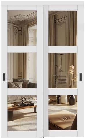 Bypass Mirrored Closet Door 48" x 80", 3-Lite Mirror Sliding Doors for Bedroom with Hardware Kit & Floor Guide, Paintable Interior Door Pre-Drilled for Easy Assembly - Image 2