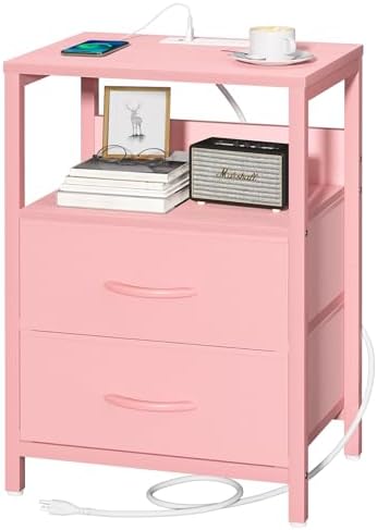 Yoobure Nightstand with Charging Station, Small Night Stand with Fabric Drawers and Storage Shelf for Bedrooms, Nightstands for Small Spaces, Bedside Table with USB Ports & Outlets Bed Side Table by Yoobure
