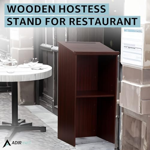 AdirOffice Wooden Podium with Storage Shelf - Speaking Lectern, Hostess Station for Restaurant, 46.25 Inches, Mahogany - Image 4