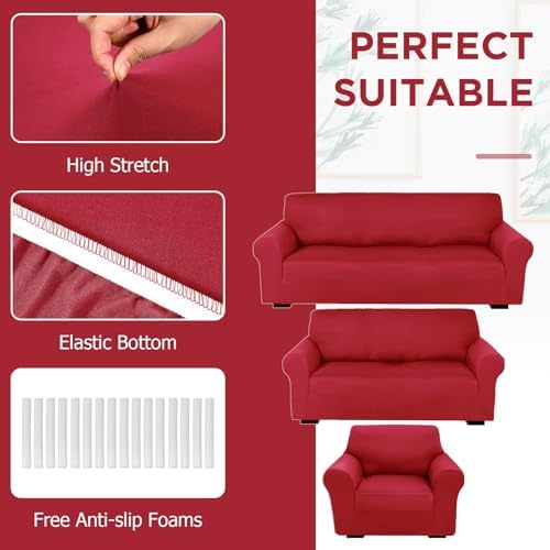 Peryiter 3 Pcs Couch and Loveseat Sofa Covers,Xmas Red,Milk Silk - Image 3