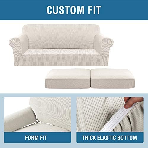 H.VERSAILTEX 3 Piece Stretch Sofa Covers for 2 Cushion Sofa Couch Covers for Living Room Sofa Slipcovers (Base Cover Plus 2 Seat Cushion Covers) Thicker Jacquard Fabric(Large Sofa, Ivory) - Image 6