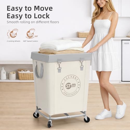 STORAGE MANIAC Commercial Laundry Hamper with Heavy Duty Steel Frame, 160 L Industrial Clothes Basket Cart with Wheels for Big Family, Home, Hotel, Laundry Room, 18''L x 18''W x 31''H, Medium Beige - Image 6