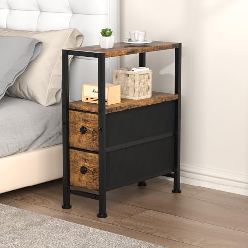 Small Narrow Side Table with Drawers, Skinny End Table for Small Spaces, Slim Nightstand with Storage, sofa bedside Table in Living Room, Bedroom, Study, kitchen and Balcony (Rustic Brown)M-LBZ83B1V1 - Image 2