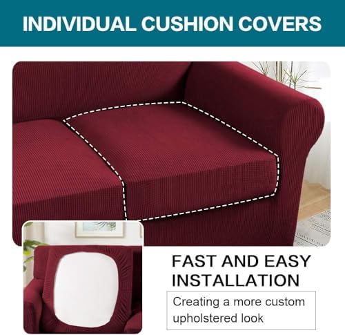 Turquoize 4 Piece Sofa Covers for 3 Cushion Couch Sofa Slipcover Soft Couch Cover for Dogs Washable Furniture Cover with 3 Individual Large Cushion Covers Feature Fabric (Large Sofa, Burgundy) - Image 5