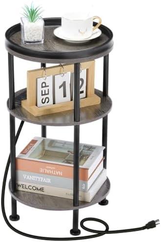 Small Round Side Table with Charging Station for Small Spaces, 3-Tier Accent Table with USB Ports & Power Outlets, Sofa Corner Tea Table for Living Room Nightstand Bedroom Apartment (Grey) by Zexvida