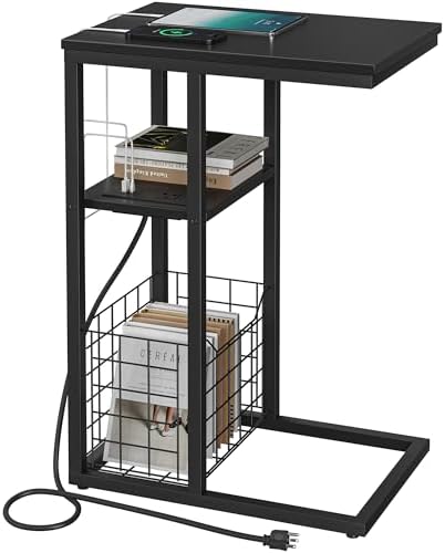 Vagusicc C Shaped End Table with Charging Station, Side Table for Couch, Small Side End Table for Small Spaces, 28" High Slide Under Sofa Table for Coffee, Tv Tray Table for Living Room, Black by Vagusicc