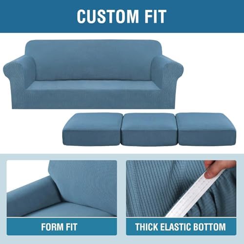 H.VERSAILTEX 4 Piece Stretch Sofa Covers for 3 Cushion Couch Covers for Living Room Furniture Slipcovers (Base Cover Plus 3 Seat Cushion Covers) Thicker Jacquard Fabric (Large Sofa, Dusty Blue) - Image 4