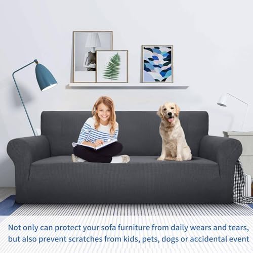 MAXIJIN Super Stretch Couch Cover for 3 Cushion Couch, 1-Piece Universal Sofa Covers Living Room Jacquard Spandex Furniture Protector Dogs Pet Friendly Fitted (Large, Gray) - Image 5