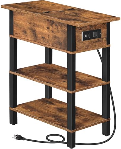 HOOBRO End Table with Charging Station, Flip Top Side Table with USB Ports, Narrow Nightstand Bedside Tables with Storage Shelves, for Small Space, Living Room, Rustic Brown and Black BF141UBZ01 by HOOBRO