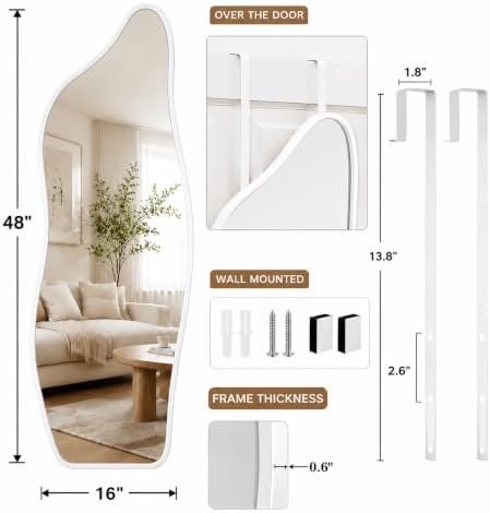 Full Length Door Mirror, 48"x16" Wall Mounted Mirror, White - Image 2