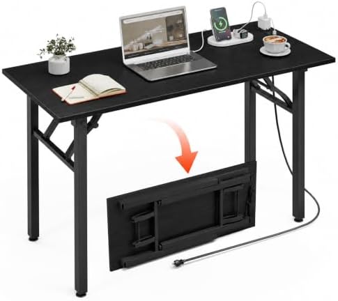 XBurmo Small Folding Desk Folding Table, No Assembly Foldable Desk Gaming Desk, 43.3-Inch Computer Table Workstation with 2 AC Outlets and 2 USB Ports for Bedroom and Home Office, Dark Oak by XBurmo