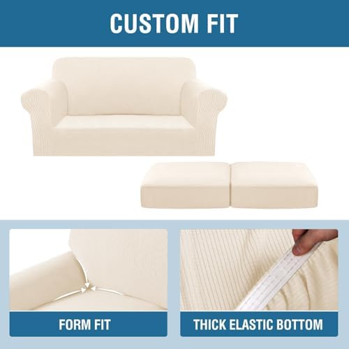 H.VERSAILTEX 3 Piece Stretch Sofa Covers for 2 Cushion Loveseat Couch Covers for Living Room (Base Cover Plus 2 Seat Cushion Covers) Thicker Jacquard Fabric (Medium Sofa, Cream) - Image 4