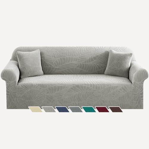 YEMYHOM Couch Cover Latest Jacquard Design High Stretch Extra Large Sofa Covers Pet Dog Cat Proof Oversized Slipcover Non Slip Magic Elastic Furniture Protector (X-Large, Begonia Leaf Light Gray) by YEMYHOM