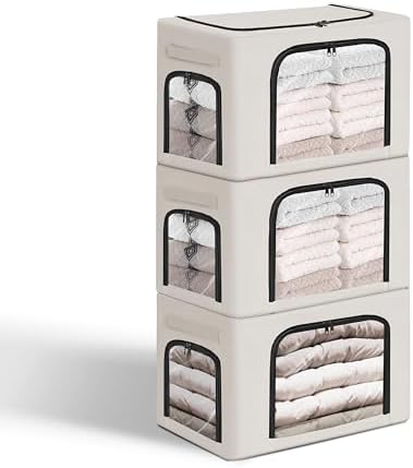 GuliPostan 3 Pack 40L Stackable Clothes Storage Bins with Metal Frame Handles & Zipper, Collapsible Closet Organizer Box with Lid for Bedding Blankets Towel (Beige) by Unknown