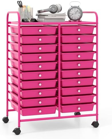 Giantex 20 Drawers Rolling Cart, Mobile Storage Drawer Cart, Classroom Organizer for Office School Supplies Teacher Tools Scrapbook Paper Craft Small Printer, Utility Stand on Wheels, Hot Pink by Giantex