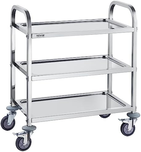 VEVOR Stainless Steel Cart, 3 Layers Lab Utility Cart 220 lbs Weight Capacity, Medical Cart with Lockable Universal Wheels, for Lab, Clinic, Kitchen, Salon by VEVOR