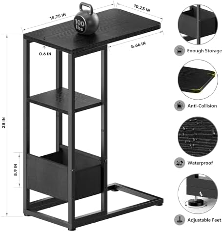 C Shaped End Table, Small Side Table for Couch, Recliner, Slide Under Sofa Tray Desk Snack Tables with Storage Bag for Living Room,Bedroom, Small Spaces - Black - Image 3