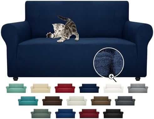 ZNSAYOTX Super Stretch Couch Cover Love Seat Sofa Covers for Living Room Dogs Pet Friendly Furniture Protector Spandex Loveseat Slipcovers with Anti Slip Foam Sticks (Navy Blue, Loveseat) by ZNSAYOTX
