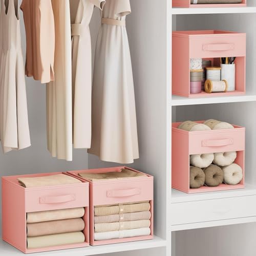 DIMJ Storage Cubes, Cube Storage Bin, 10 Pack Foldable Baskets with Window, Closet Storage Bins with Handle, 11x 11 inch Storage Cubes for Clothes, Toys, Books (Pink) - Image 6