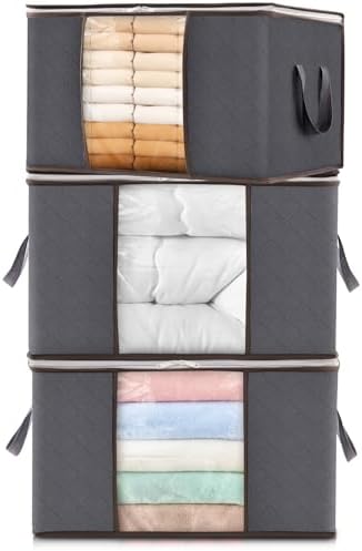Lifewit 3 Pack 60L Clothes Storage Bins with Lids, Foldable Blanket Storage Bags with Zippers, Clear Window and Reinforced Handles, Closet and Organization for Clothing, Sweater, Comforter, Bedding by Lifewit