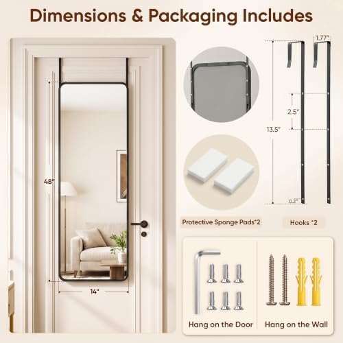 Suidia Full Length Mirror Over the Door&Wall Mounted, 48"x14" Door Mirror with Aluminum Alloy Frame, HD Shatterproof, No-Drill, Hanging Mirrors for Bedroom, Bathroom, Dorm, Closet, Rounded Rect, Black - Image 5