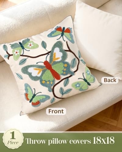 Embroidered Throw Pillow Cover 18x18 Inch, Branch Butterfly - Image 4