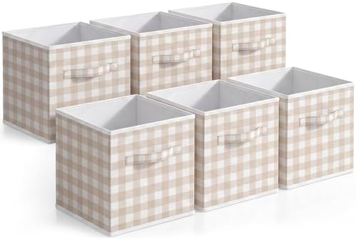 Yalikop 6 Pcs Beige Gingham Cube Storage Bins, 11 Inch Fabric Checkered Classroom Storage Bins Organizer with Handle Preppy Collapsible Cubby Basket for Classroom Home Nursery Playroom Bedroom by Yalikop