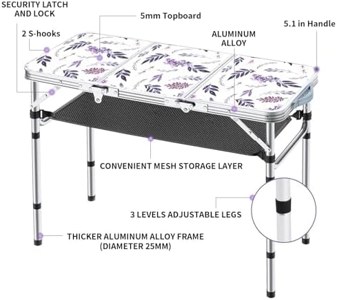 Yriuat Folding Camping Table 3ft Portable Picnic Table, Misty Lilac - Image 4