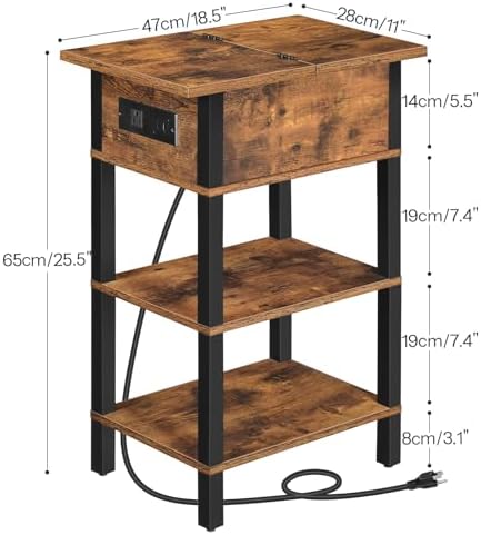 HOOBRO End Table with Charging Station, Flip Top Side Table with USB Ports, Narrow Nightstand Bedside Tables with Storage Shelves, for Small Space, Living Room, Rustic Brown and Black BF141UBZ01 - Image 3
