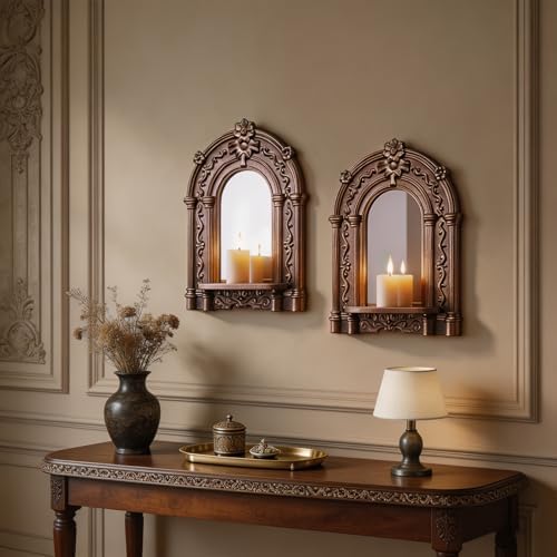 2 Set Vintage Candle Wall Sconce for Home Decor Living Room Bedroom Office Wood Antique Mirrored Victorian Mounted Candlestick Wall Holder Relief Hanging Decor -Brown 11.8in by sxnzequnze