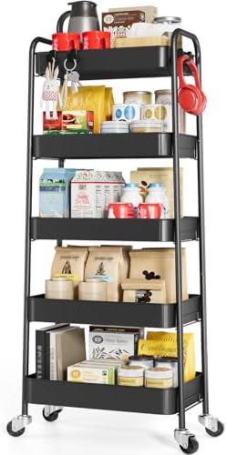 TOOLF 5-Tier Metal Rolling Cart with Wheels, Storage Utility Organizer Cart for Kitchen, Bathroom, Office, Baby Essentials & Makeup - Lockable Casters, Easy Assembly, Large Capacity, Black by TOOLF