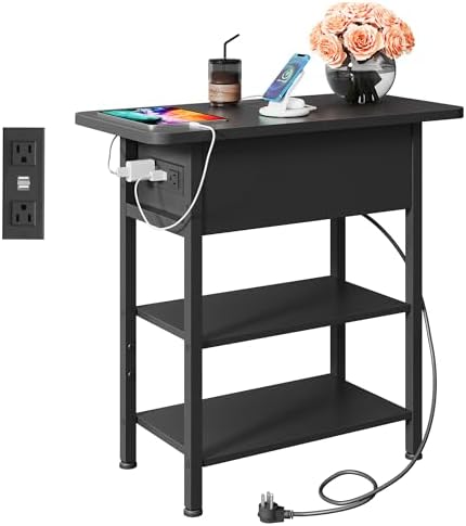 WLIVE 3-Tier End Table with Charging Station Flip Top Narrow Nightstand by WLIVE