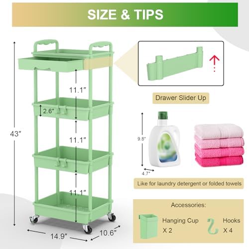 Goovilla 4 Tier Rolling Utility Cart Organizer with Removable Drawer, Green - Image 4