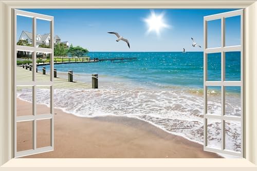 Fake Window Wall Decal- Summer Beach Seascape Open Wall Art Poster Sticker | Faux Window Ocean Coast Natural Landscape Mural｜ Stick and Peel Wall Decals｜Room Bedroom Office Decor｜48"x32",Set of 2 Sheets by Clickhere