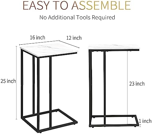 C Shaped Side Table Set of 2, Marble End Table for Sofa and Bed, Couch Table That Slide Under, Snack Side Table for Living Room, Bedroom or Small Spaces, White and Black - Image 3