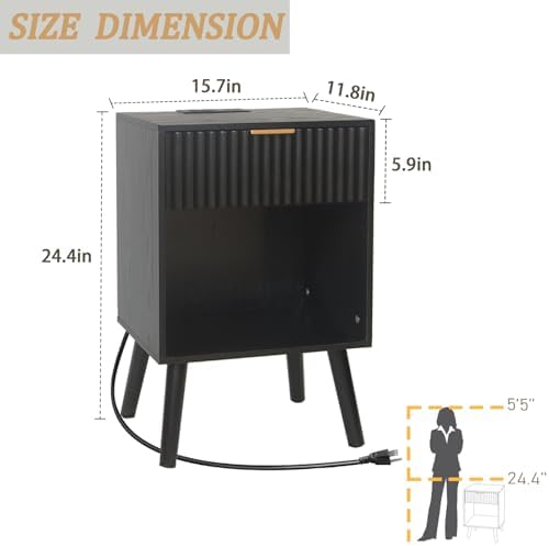 Fultyle Fluted Black Nightstand with Charging Station, Modern Bedside Table - Image 3